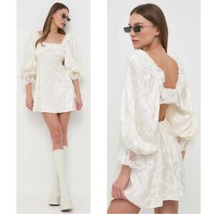 For Love & Lemons Wylye Floral Rose Jacquard White Long Sleeve Mini Dress Size M